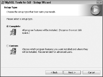 The Setup Type screen for setting up the MySQL GUI Tools