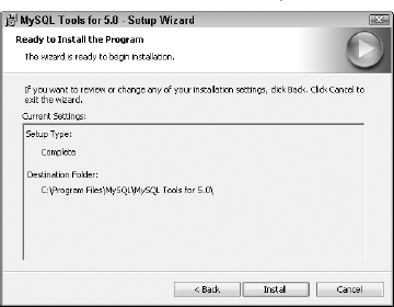 Confirm the installation settings on the Ready to Install the Program screen and then click the Install button to install the MySQL GUI Tools.