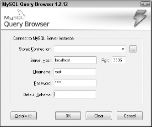 In the Connect to MySQL Server Instance dialog box, fill in the information for your installation of MySQL. Leave the Default Schema text field empty.