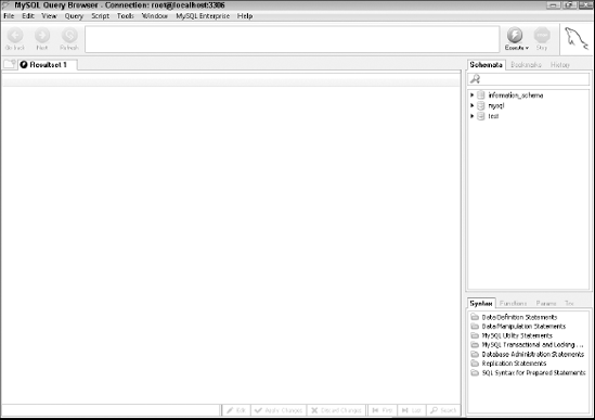 The main interface of the MySQL Query Browser tool is divided into several components.