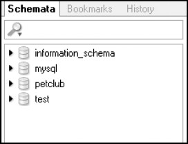 The newly created petclub database now appears in the Schemata tab.