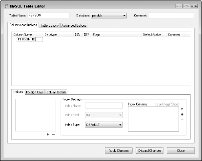 Double-clicking below the Column Name column in the Columns and Indices tab creates a text field where a column name can be typed.