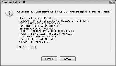 The Confirm Edit Table dialog box shows you the SQL statement that's executed in order to create the PERSON table.