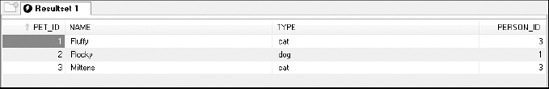 The results of querying the database for the records in the PET table are displayed in the Resultset 1 tab.