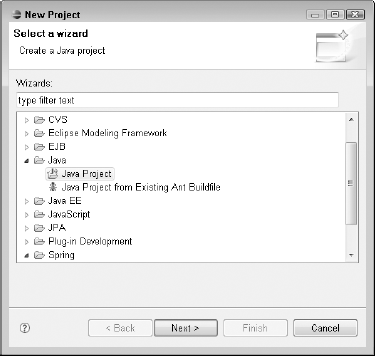 The Select a wizard dialog box allows you to choose a project type.