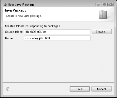 Type a name for the new package in the New Java Package dialog box. The default value in the Source folder text field is appropriate.