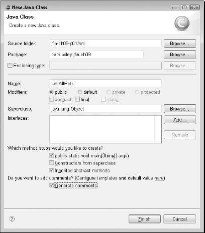 The New Java Class dialog box