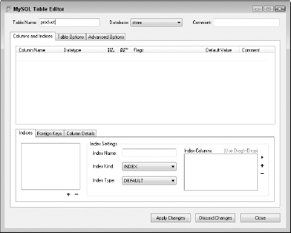 The MySQL Table Editor dialog box is where the tables for the application are created.