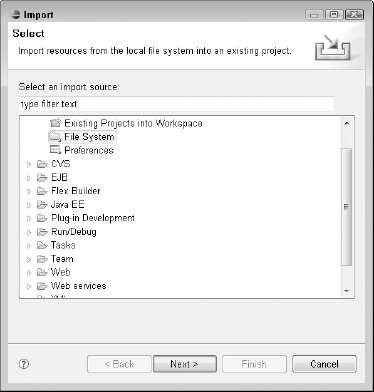 The Import Select dialog box allows you to import resources for your project from a variety of sources.