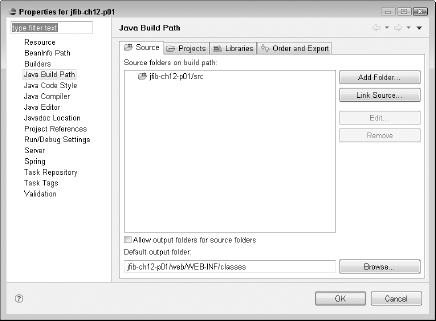 Choosing Java Build Path from the left pane of the Properties dialog box opens the Java Build Path tabbed dialog box in the right pane.