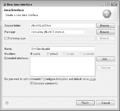 In the New Java Interface dialog box, fill in the Package and Name text fields for the IXmlSerializable interface.