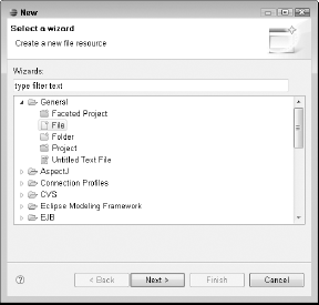 The Select a wizard dialog box lets you choose the kind of object you want to create. Select File from below General in the list.