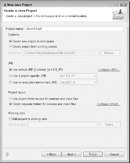 The Create a Java Project wizard contains options and settings for new Java projects.
