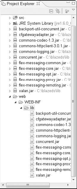 After you select the BlazeDS JAR files in the File System screen, they are copied into the webWEB-INFlib folder of your project.