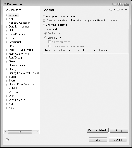 The Preferences dialog box allows you to configure a variety of preferences for Eclipse.