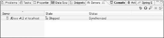 The Servers view shows a list of the application servers that have been configured in Eclipse and their current state (Stopped or Started).