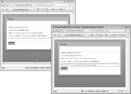A demonstration of two browser windows open to a chat application