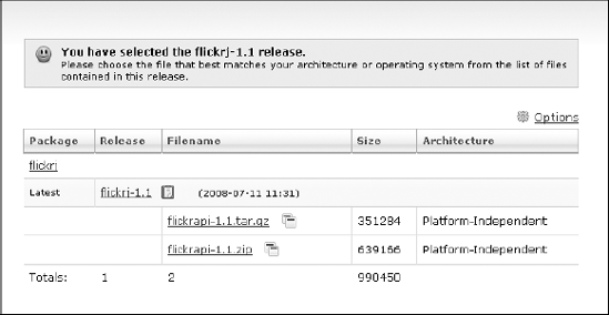 The flickrj 1.1 release is available to download in a couple of different formats on the download page.