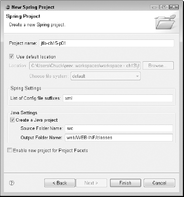 The New Spring Project dialog box contains settings for creating a new Spring project.
