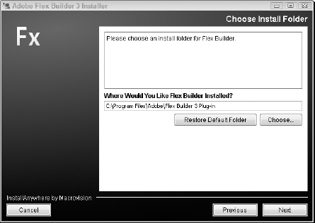 Choose the install location for Flex Builder.