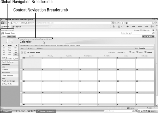 The Content Navigation Breadcrumb shows the path to the Calendar page of a Book Text subsite on the onlineMYTS SharePoint site.