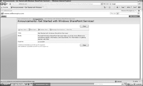 Visiting the automatic Get Started with Windows SharePoint Services announcements page.