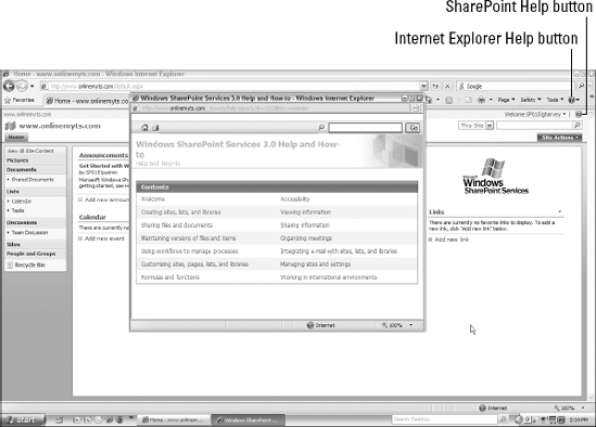 The Windows SharePoint Services Help window as it first opens in Internet Explorer.