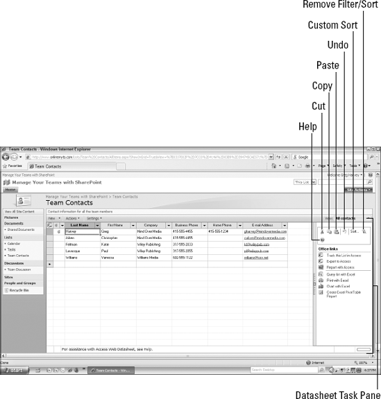 This Team Contacts list displays the task pane in Datasheet view.