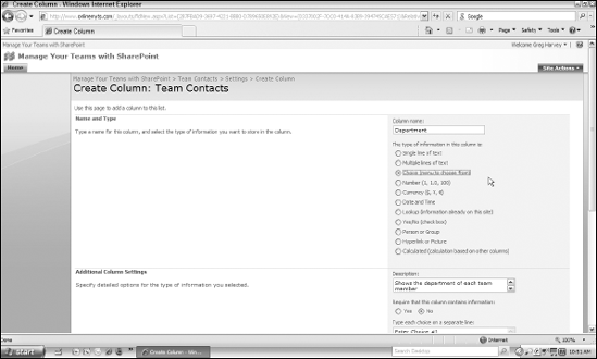 I used the options on the Create Column page to add a new Department column to the Team Contacts list.