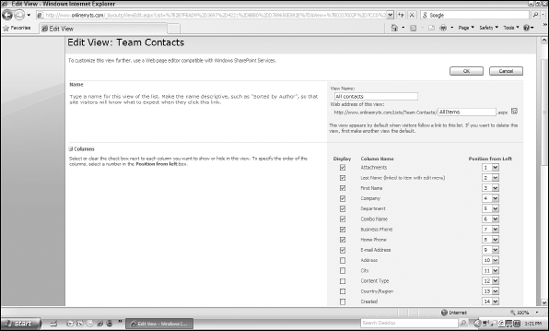 The top part of the Edit View page for the default All Contacts view automatically created for the Team Contacts list.