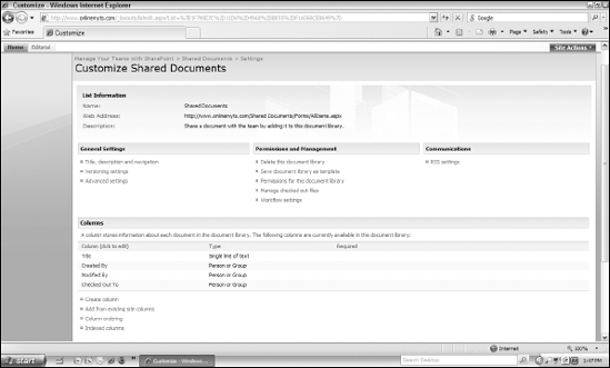 The Customize Shared Documents Web page showing the various settings you can modify.