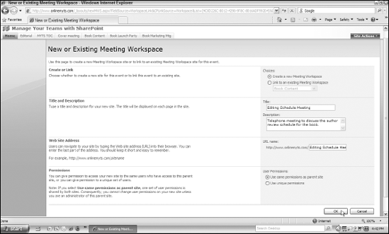 Specify the settings for the meeting workspace being created from a new SharePoint calendar item.