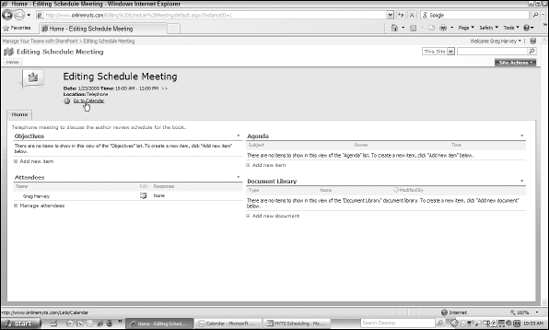 The Home page of a new meeting workspace created from a SharePoint calendar item.