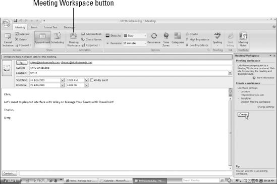 Create a new meeting workspace in SharePoint from a meeting request in Outlook 2007.