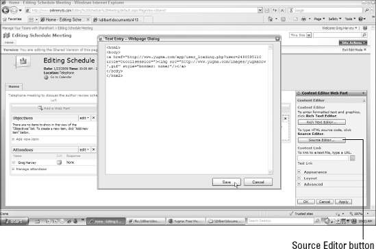 The Text Entry — Webpage Dialog window after pasting the HTML code for the Yugma button into it.