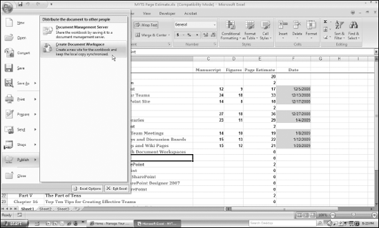 Creating a new document workspace for a worksheet open in Excel 2007.