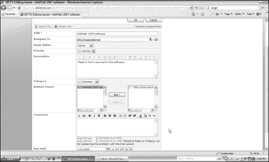 Updating an issue in the Issue Tracking list by editing the fields in its data form.