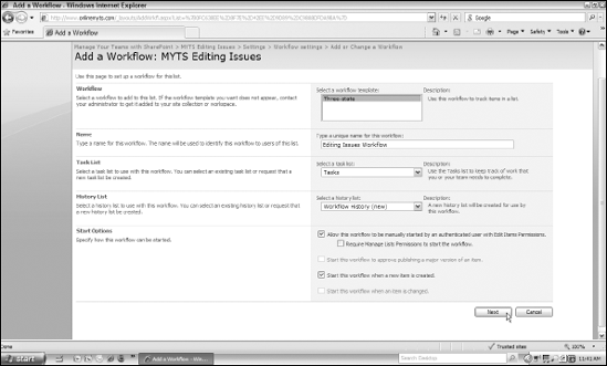 Adding a three-state workflow for an Issue Tracking list on my SharePoint site.