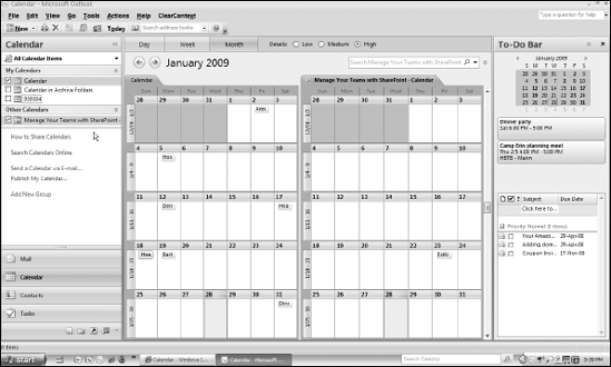 My Calendar module in Outlook 2007 after connecting the default Calendar on the SharePoint calendar to it.