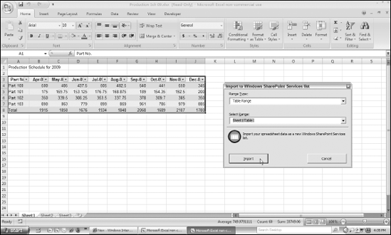 Selecting the range of Excel worksheet data to import into the new SharePoint custom list.