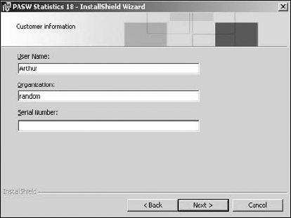 Name, organization, and the serial numbers.