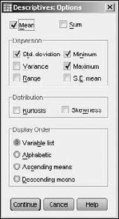 The option settings for the analysis.