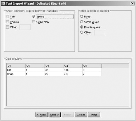 Specify the delimiters that go between data items and which quotes to use for strings.