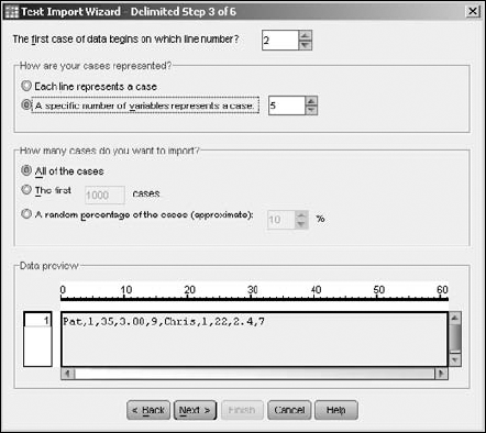 Specify that the data starts on line 2 and each case has 5 data items.