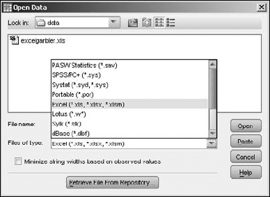 From the many types of files understood by SPSS, select the Excel spreadsheet type.