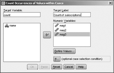 The chosen variables to be counted, and the name of the new variable.