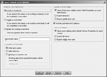 The choices you have when producing an Excel file.