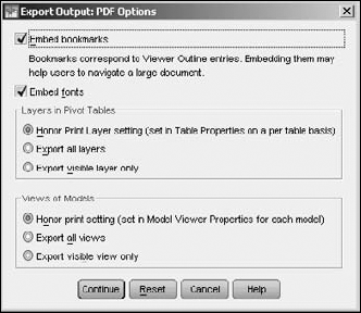 The options for producing a PDF file.