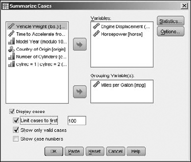 Select the variables to include in the case summary table.