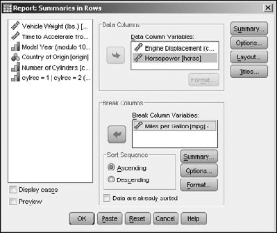 The variables selected to be included in a row summary report.